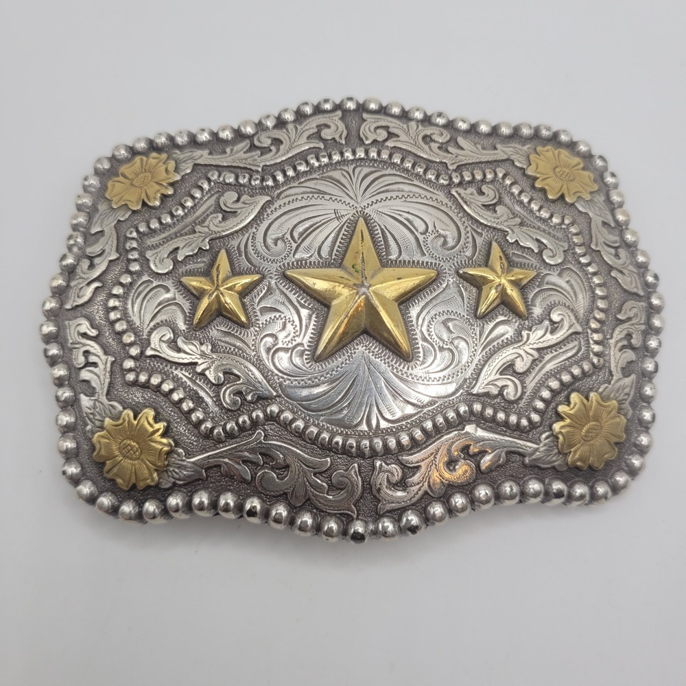 Cody James Triple Star Belt Buckle Silver Gold Western Cowboy Engraved Scalloped